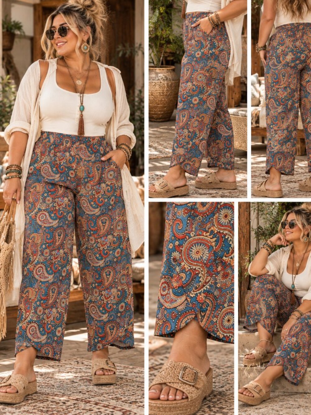 754 - Boho Paisley Wide Leg Pants Blue Rust Pull On Palazzo Pants